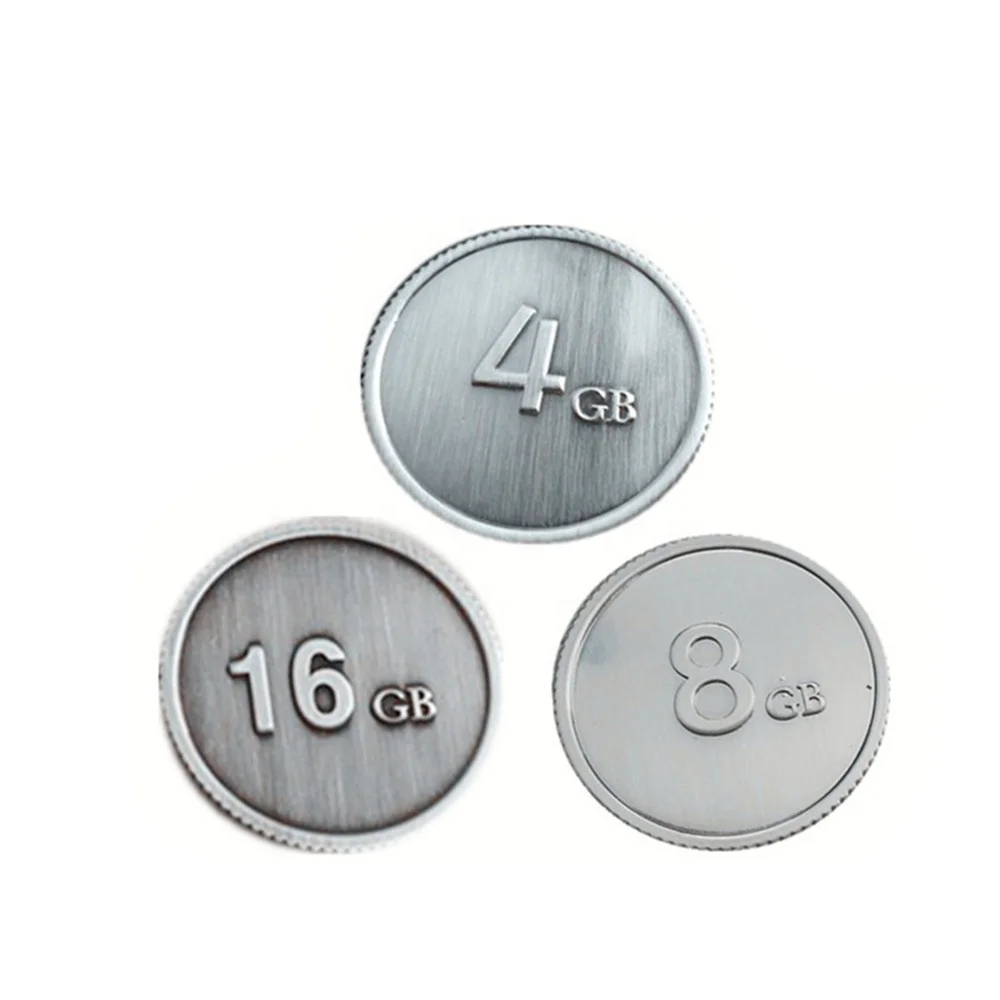 Newest Design Metal Coins Portable USB Pendrive Round Shape Tokens Custom Logo Silver/Gold Coin Acceptor Memory Stick 16G/32G