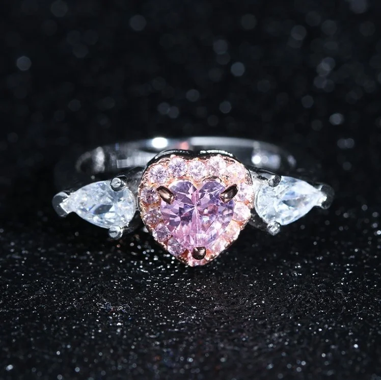 AC022612 AngryCat Women Princess Propose Marriage Pink Heart Cubic Zirconia Romantic Bridal Wedding 925 Silver Ring