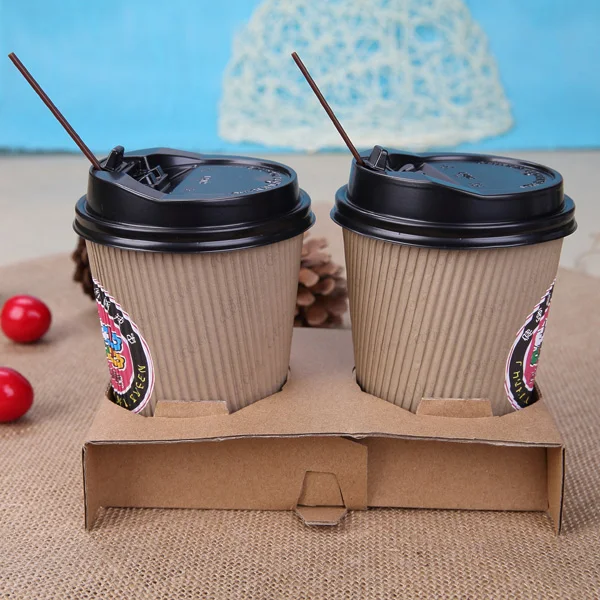
12oz 400ml LOGO printed new design brown disposable ripple double wall coffee paper cups with black top and coffee straw 