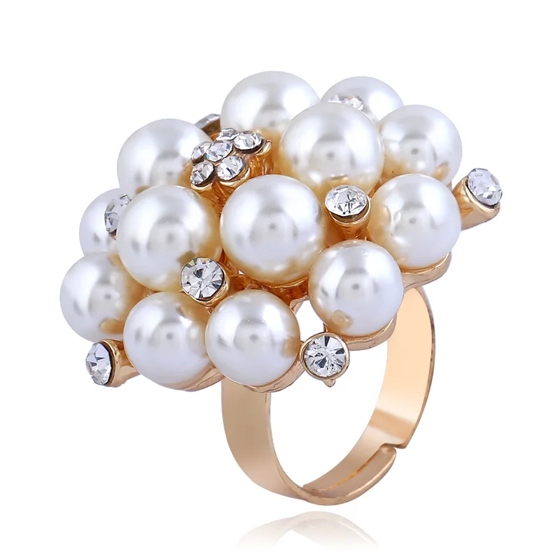 
Pearl & Rhinestone Cluster Gold Tone Ring Adjustable Size Ring For Women 