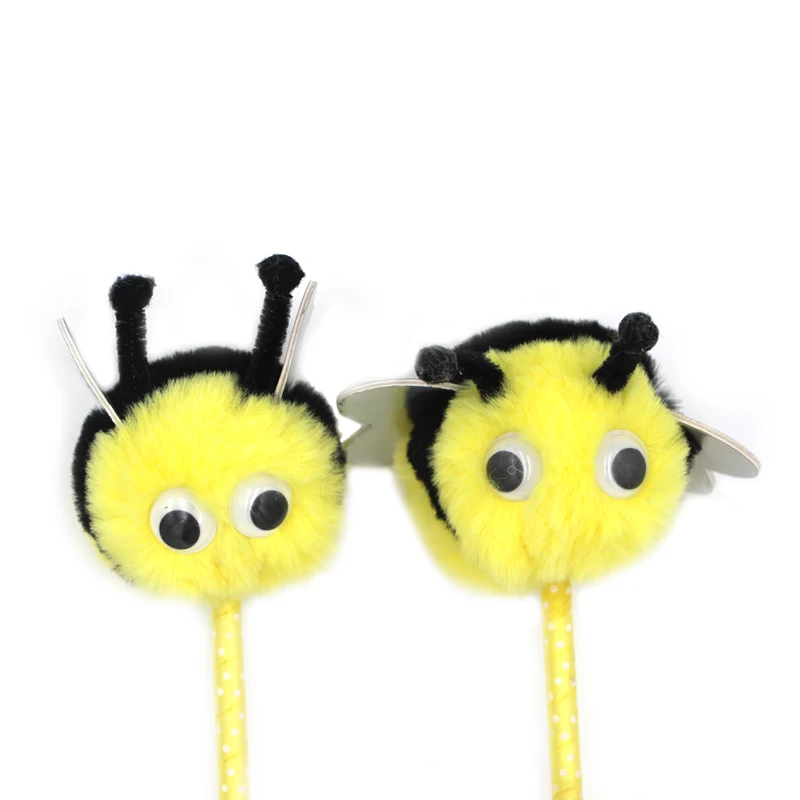 
novelty funny yellow honey bee shape pom pom ball pen for kids lovely cartoon honeybee fuzzy pen 