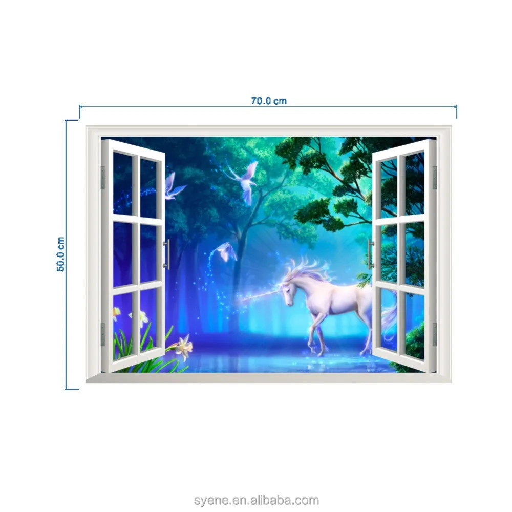 Syene 5d home decor pvc unicorn wall sticker hot natural beautiful wallpaper fake window wall decals home decor