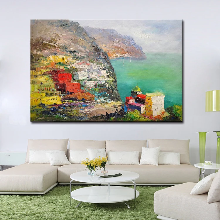 Hotselling Handpainted Palette Knife Mediterranean Seascape Painting with Boats