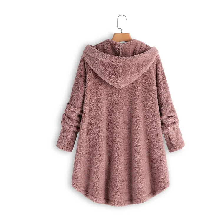 2018 Hot Sale Solid Color Hooded Plush Button Coat