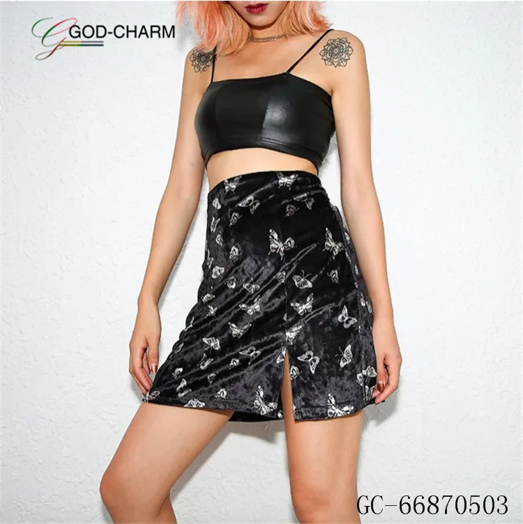 GC-66870503 Wholesale Women High Waist Velvet Pleated Skirts New Fashion Velvet Black Short Sexy Skater Skirt