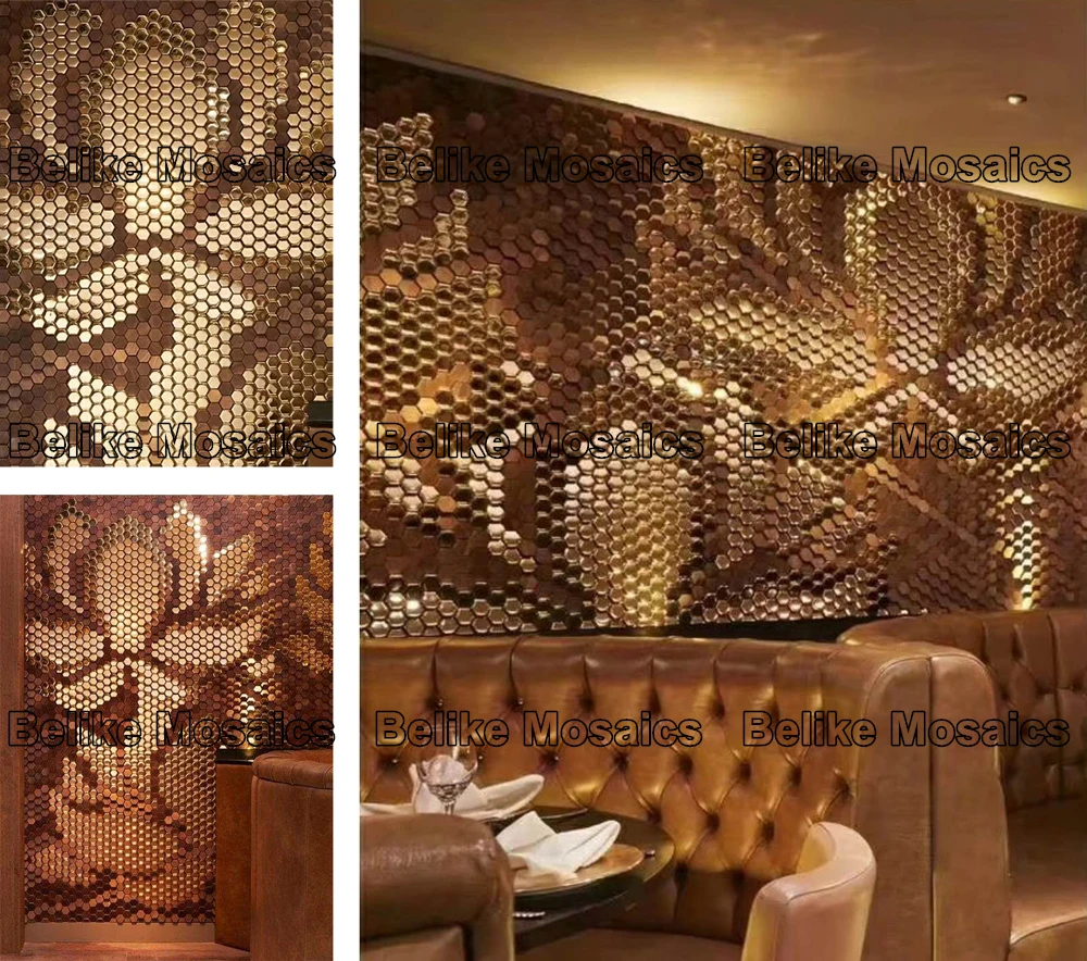 Hexagon Metallic Ceramic Mosaic Tile 3D Wall Mural Parquet Deer Pattern Floral Accent Wall Luxury Home Decor Splendid Design