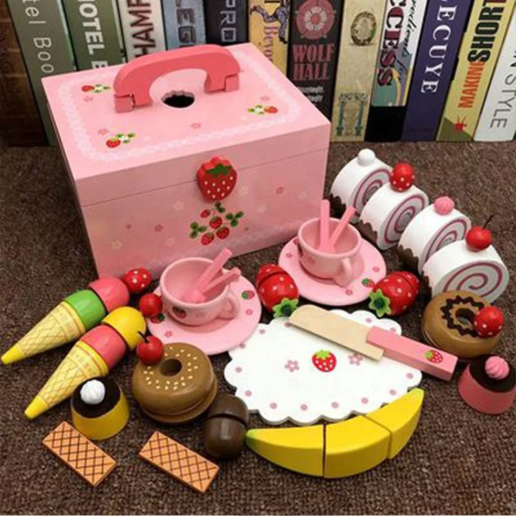 Portable Inside Montessori Materials Strawberry Donut Party Age3+ Girls Pretend Play House Wooden Dessert Cutting Kitchen Toys
