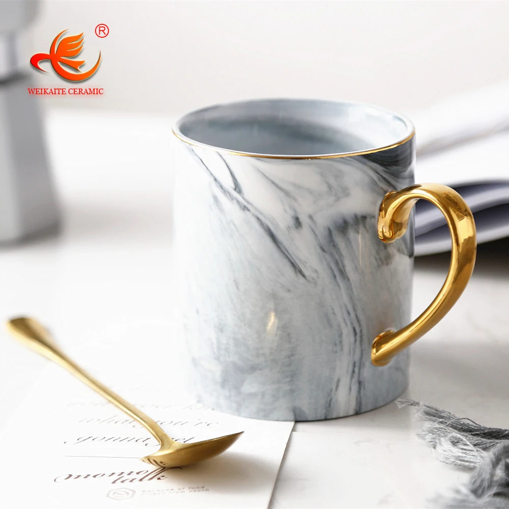 WKTM014 manufacturer new design marble look gold handle custom milk coffee mug and cup porcelain ceramic with lid spoon