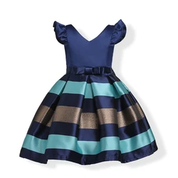 Western Children Flare Sleeve Lace Fashion Stripe Flowers Casual Girls Dresses Wedding