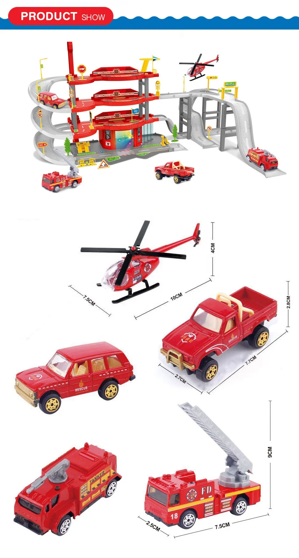 High quality metal model car parking lots kids fire station set car parking garage toy.