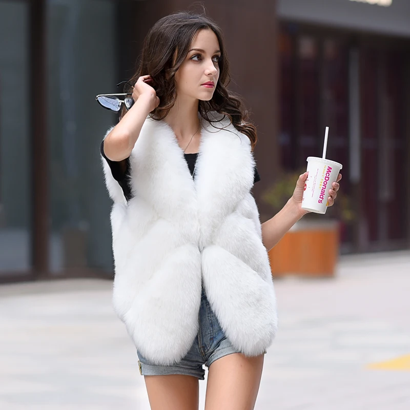 
Women Cape Sleeveless Long Coat Fluffy Waistcoat Outwear Jacket Fox Fur Vest 