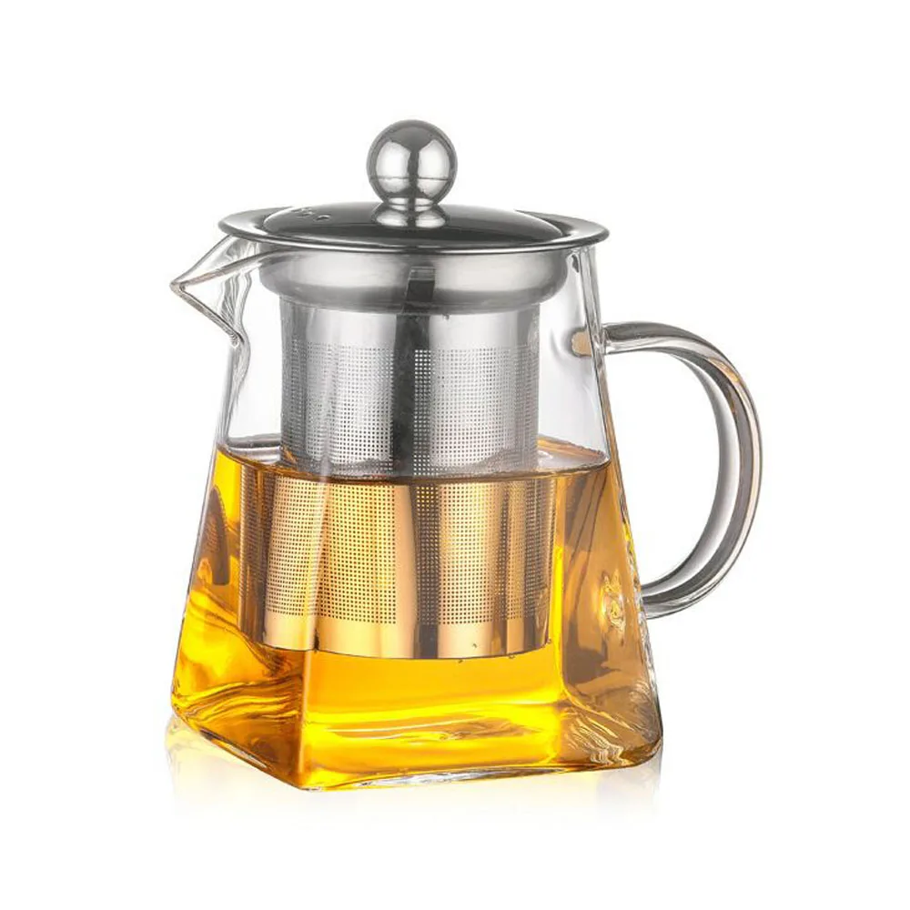 Heat Resistant Stainless Steel Handcrafted Borosilicate Glass Square Shape Tea Pot With Infuser