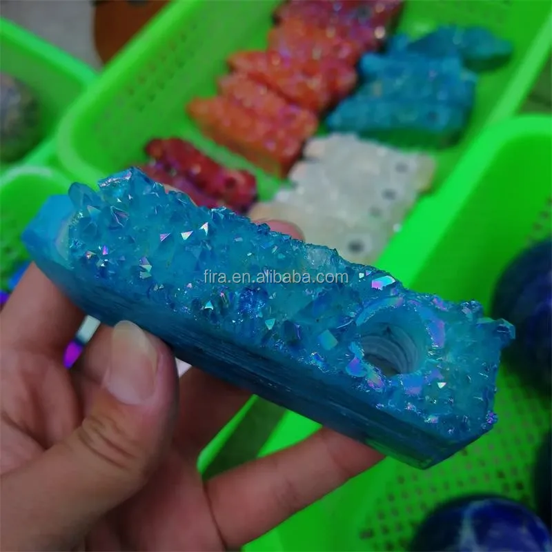 
Hot Sale Carved Decorative Rainbow Aura Quartz Crystal Cluster Crystal Smoking Pipes 