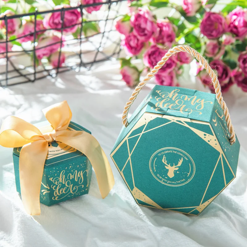 Wholesale Custom Cardboard Paper Box Candy Box European Hexagon Wedding Gift Box Candy With Ribbon Or Rope