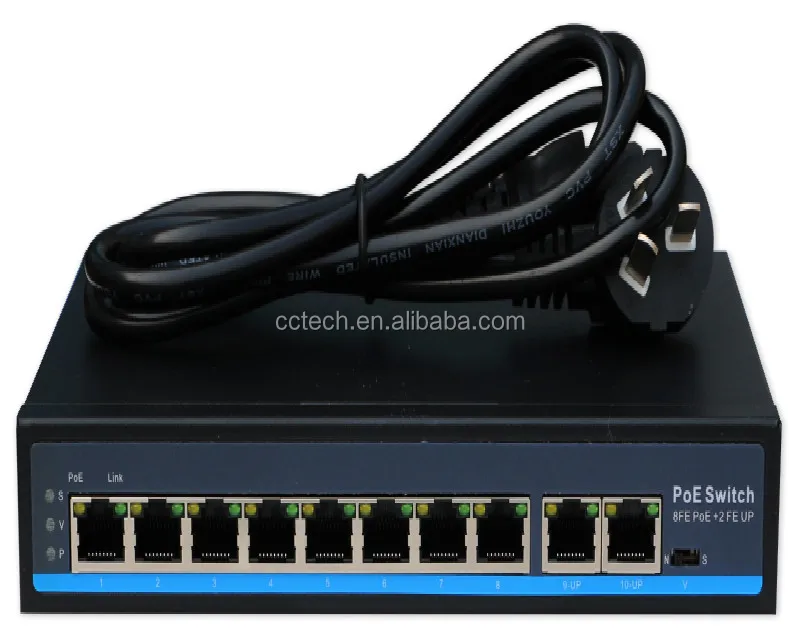 Desktop 250m 8 poe 2 utp uplink 10 port ethernet switch with 100w 120w power AC 100-240V
