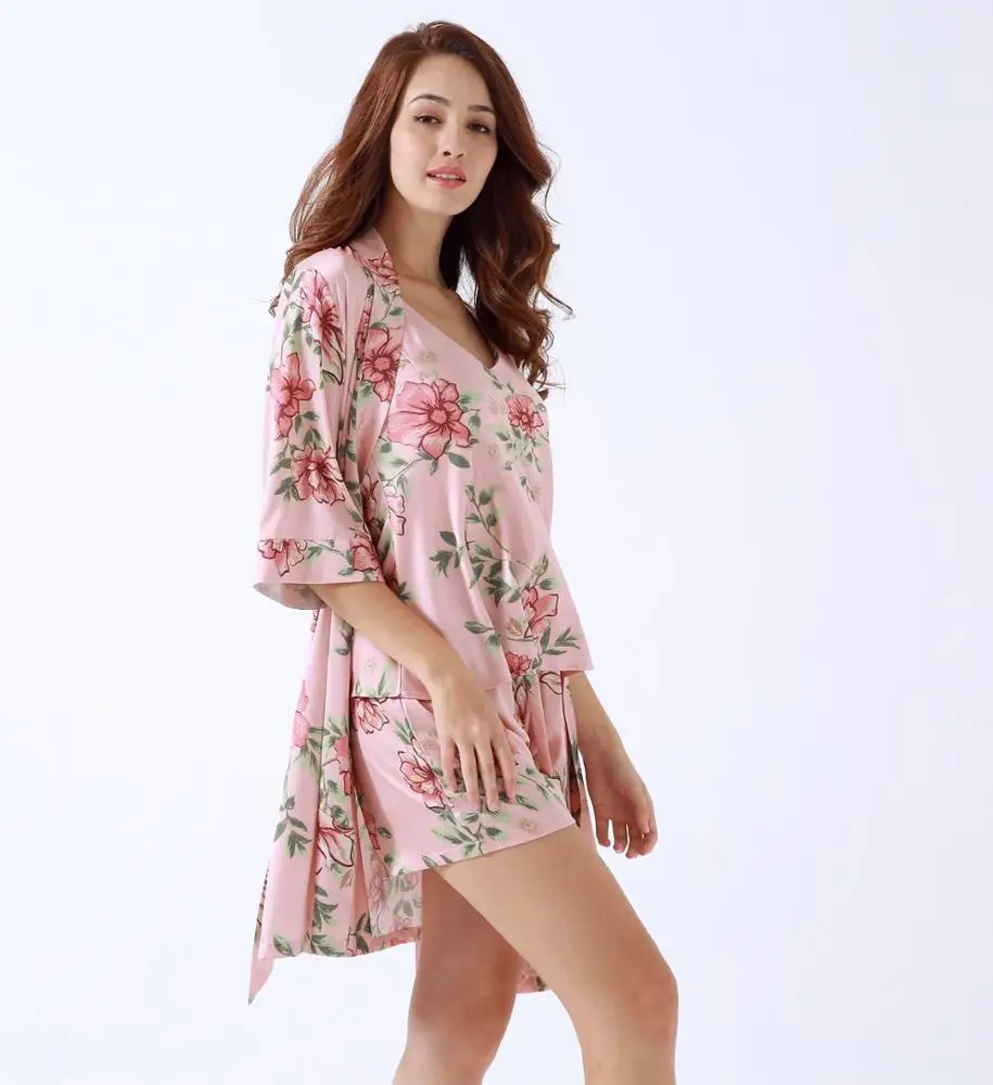 Floral Printed Silk Robes Women Satin Kimono Pajamas