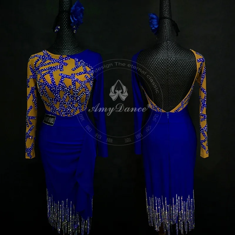 Custom made jewelry blue elegant crystals latin dance dress latin dance costume