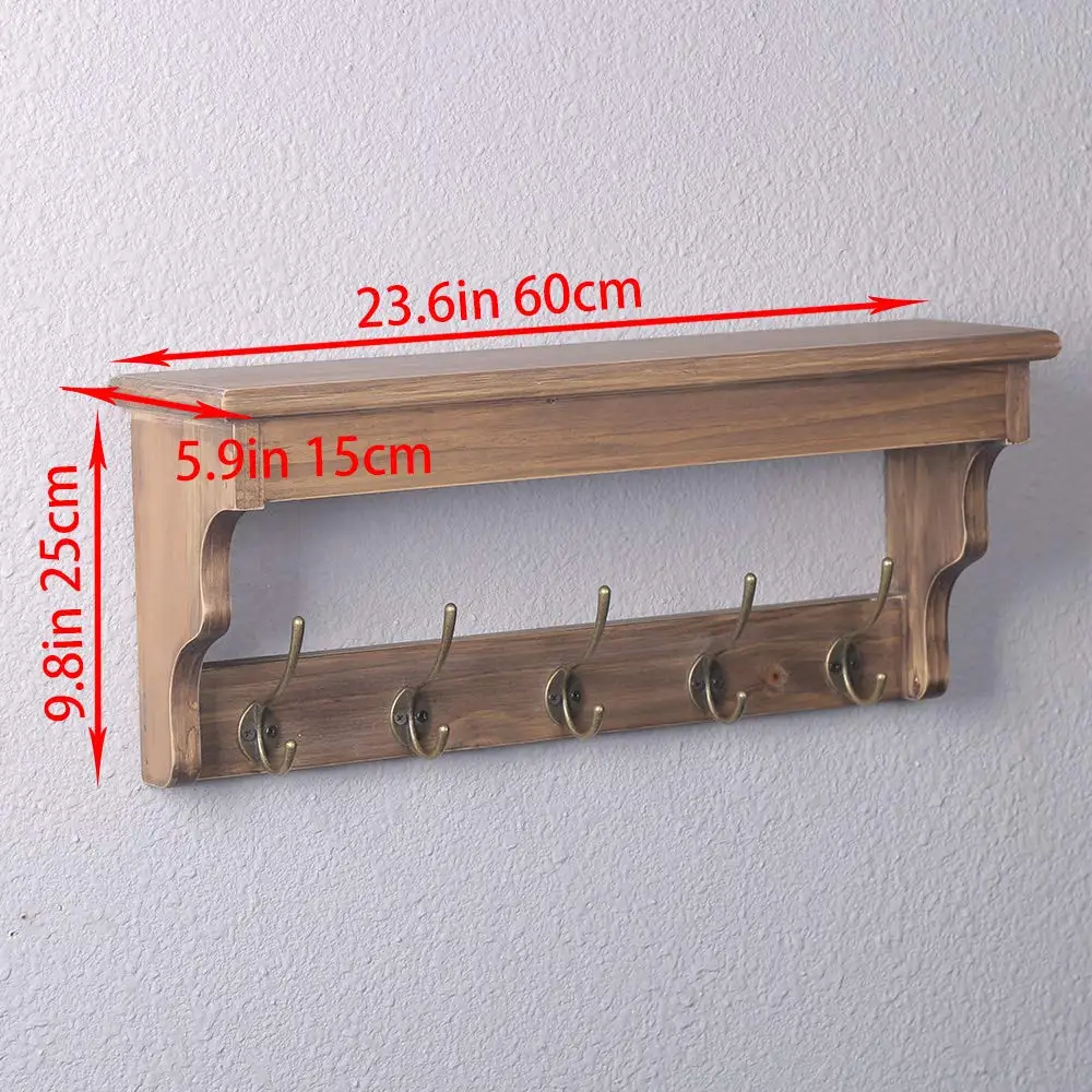 Wall Mounted Coat Rack with Shelf,Wooden Coat Hook Rack with 5 Metal Hooks for Hanging Coats,Rustic Entryway Shelf Wood Shelves