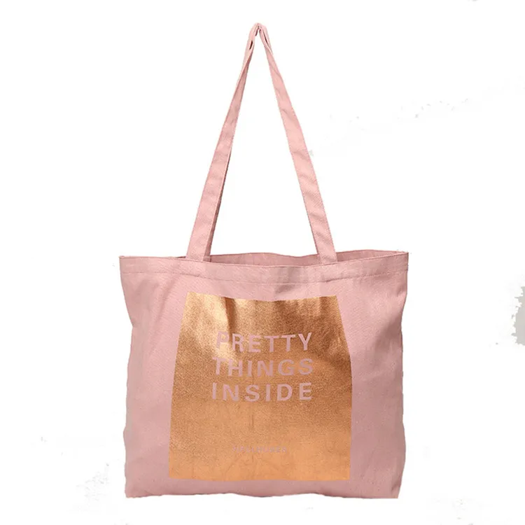 100% cotton canvas gold printing pink tote bag with logo