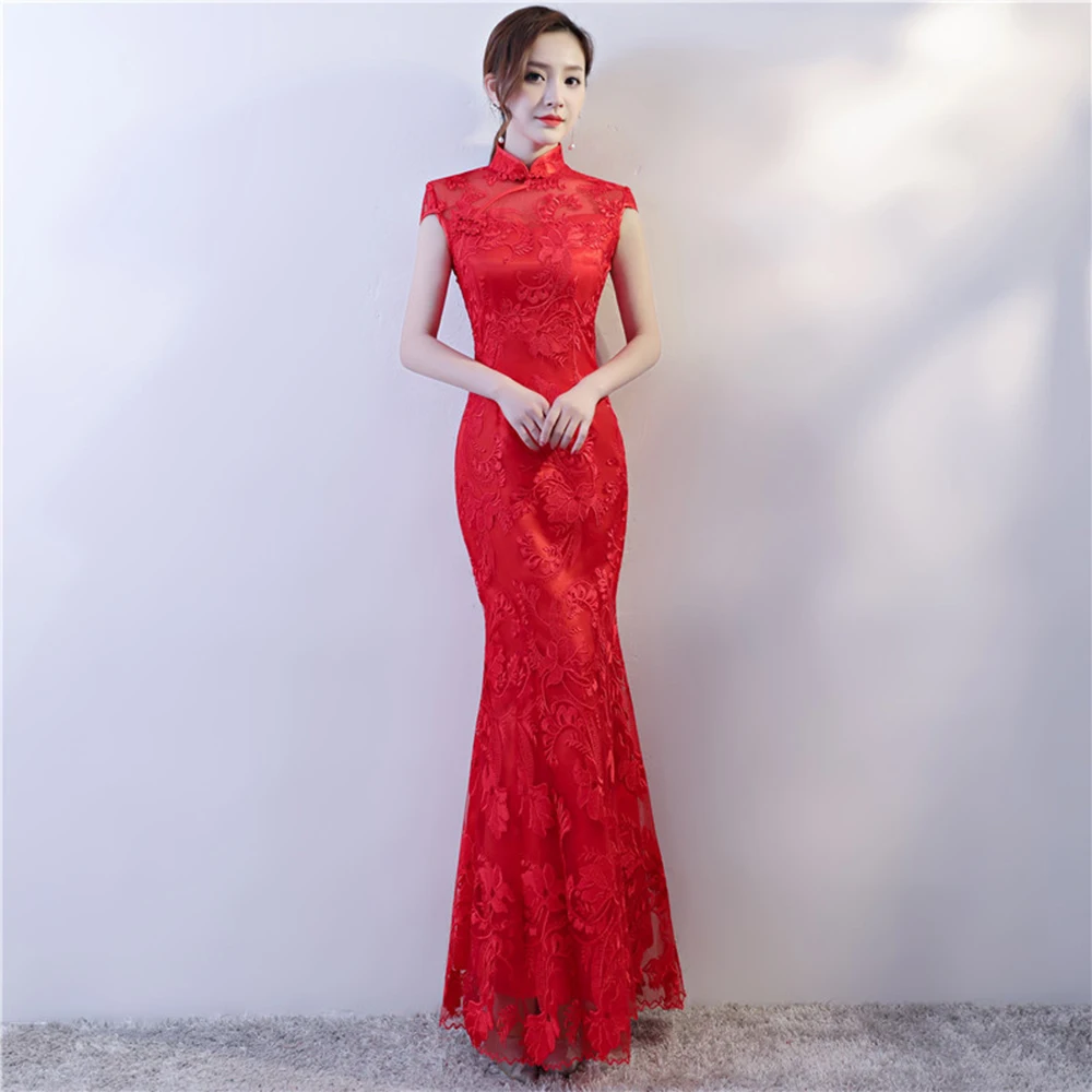 Haofei China custom made High quality traditional embroidered red lace chinese wedding dress