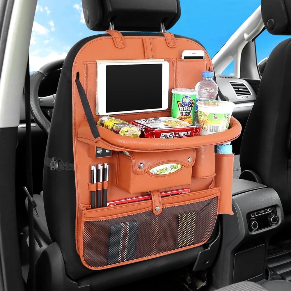 PU Leather Car Backseat Organizer Car Seat Organizer for Car Trip with Folding Dining Table