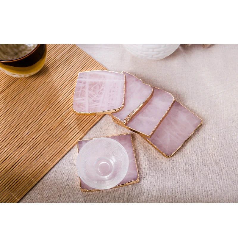 Coffee and Tea Coaster Crystal Pink Agate Coaster Gold Rim