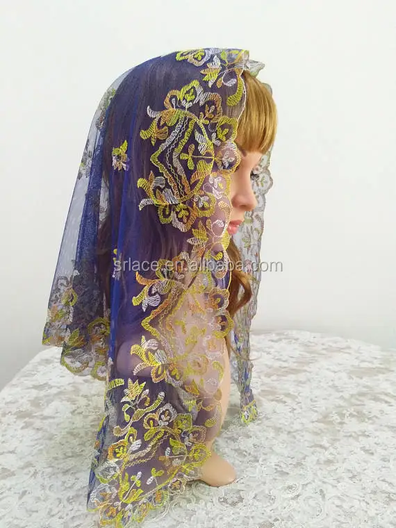 
Blue Mesh Colorful Embroidery Spanish Lace Mantilla Catholic Lace Veil Wedding Lace Mantilla 