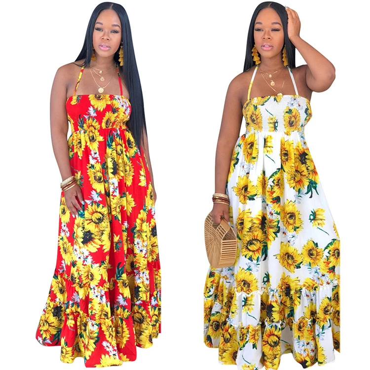 
2019 Halter Sexy African Ladies Summer Sun Flower Print Maxi Dresses Women Beach Casual Long Sun Dress 
