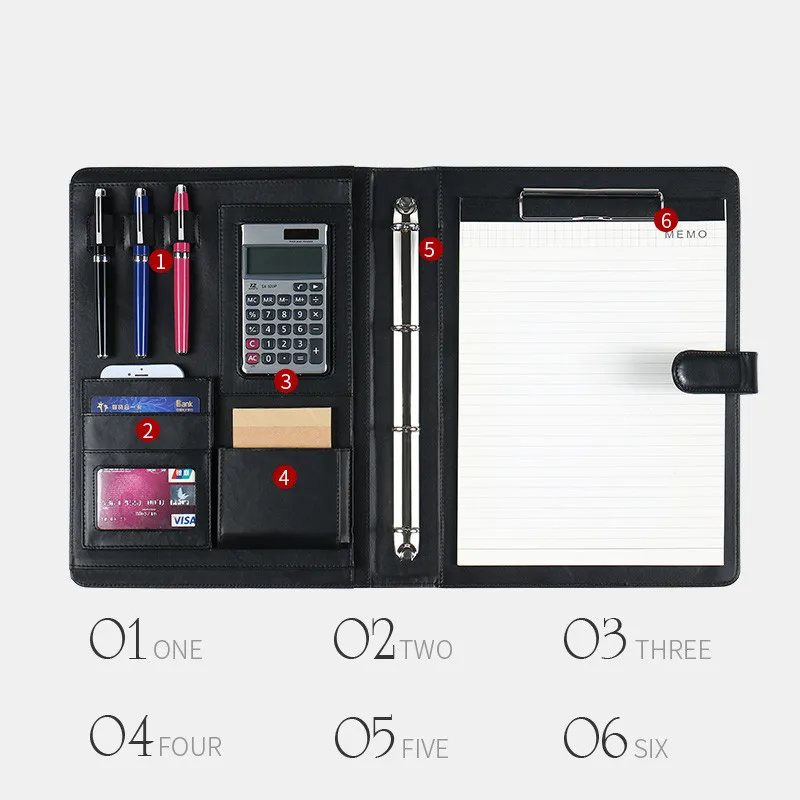A4 leather clipboard folder black multifunctional business conference file folder with pen calculator