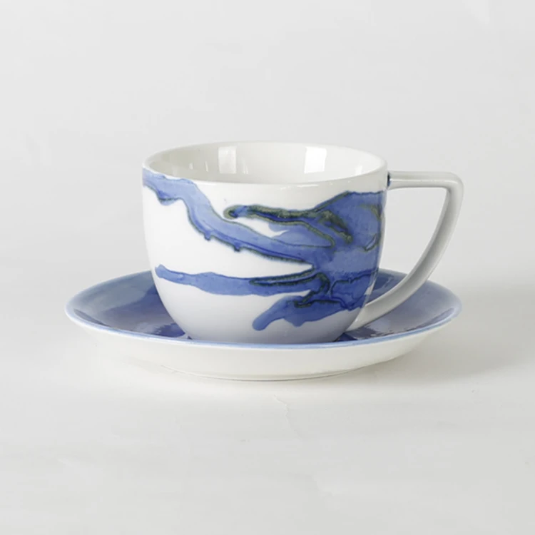 Reactive glazed artistic design unique ceramic latte coffee tea cup and saucer for hotel