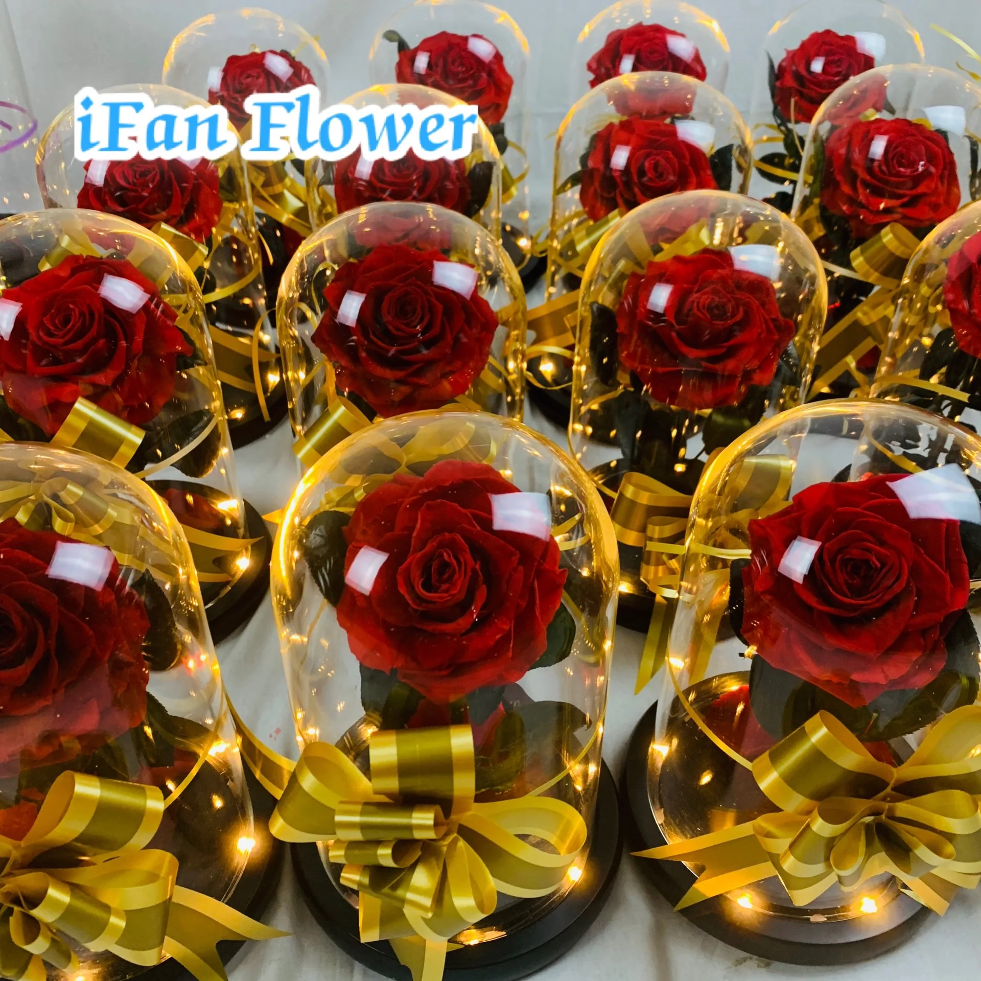 Home table decoration natural eternal red rose decorative preserved rose flower in glass with led light