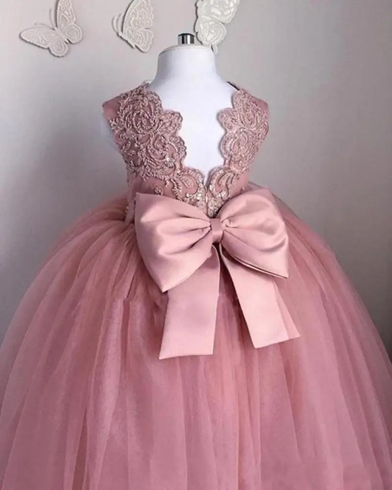 ZH0844X 2019 Pink Flower Girls Dresses Sheer Jewel Neck Sleeveless Lace Appliques Girl Pageant Gowns Birthday Dresses With Bow