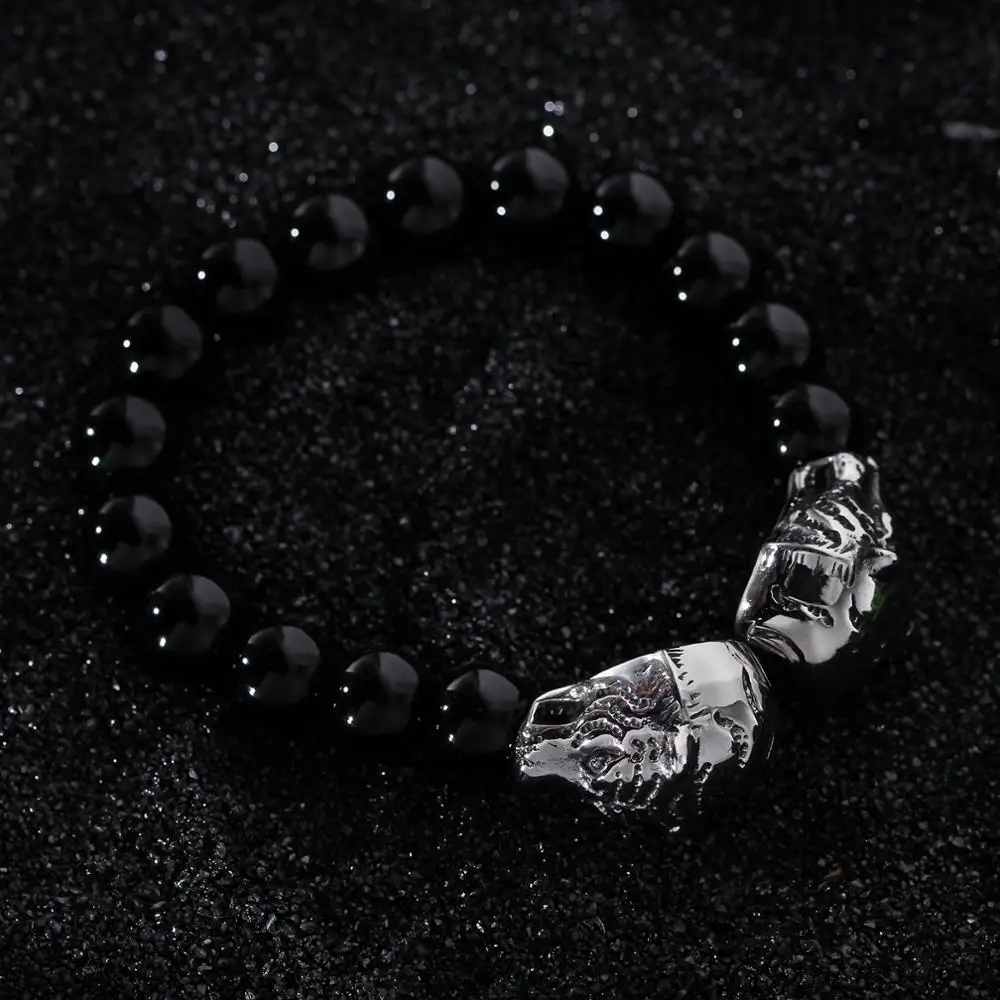 
Fashion Elastic Adjustable Casting Stainless Steel Wolf Head Tiger Dragon Glass Stone Beads Bracelets 