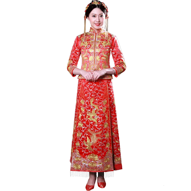 
2019 Chinese Traditional Embroidery Red Bridal Gown For Wedding 