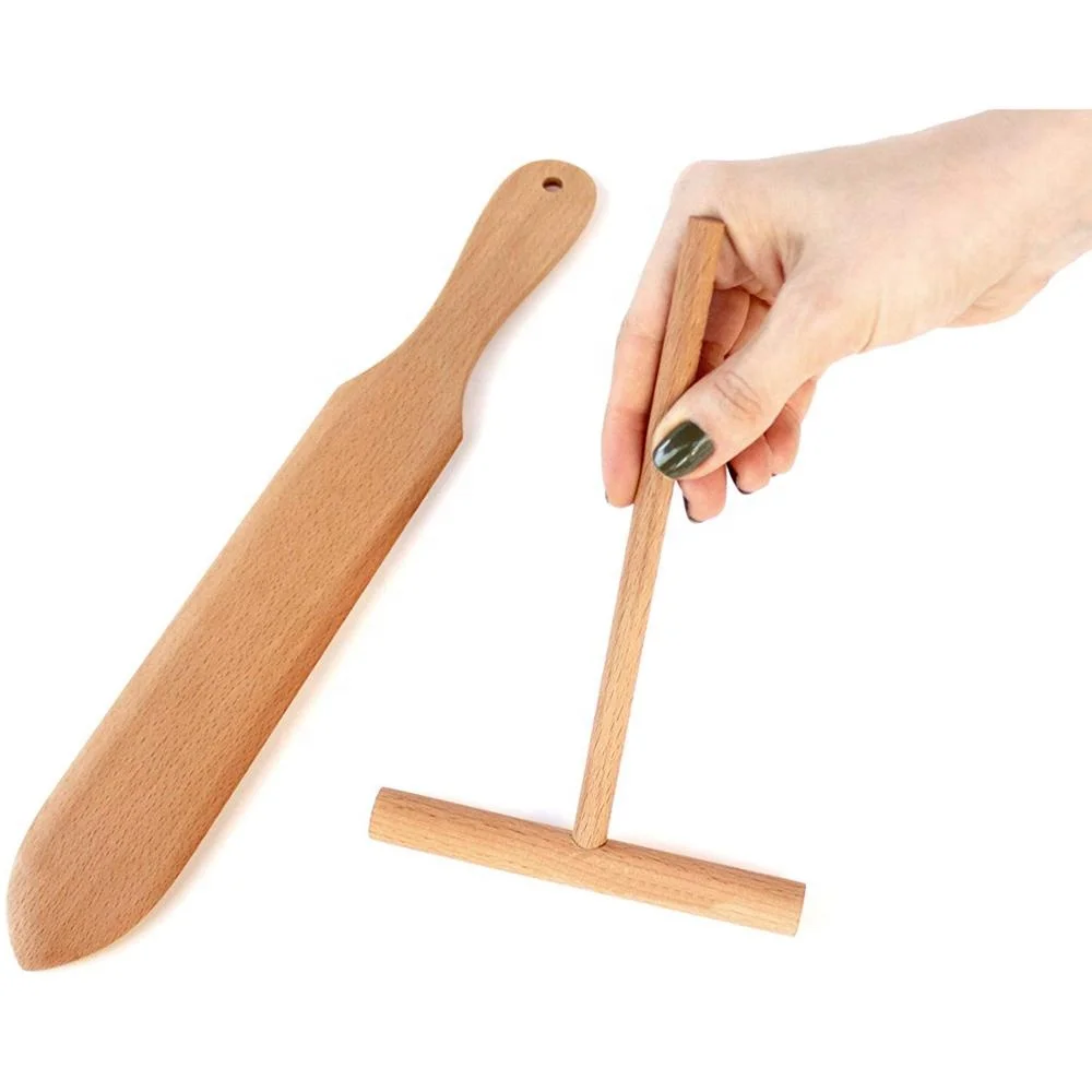 Natural Crepe Maker Accessories Beech Wood 4 Piece T-Shape Crepe Spreader and Spatula Set