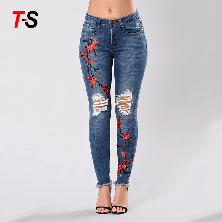 Mid waist elastic force embroidered tights jeans slim pencil pants