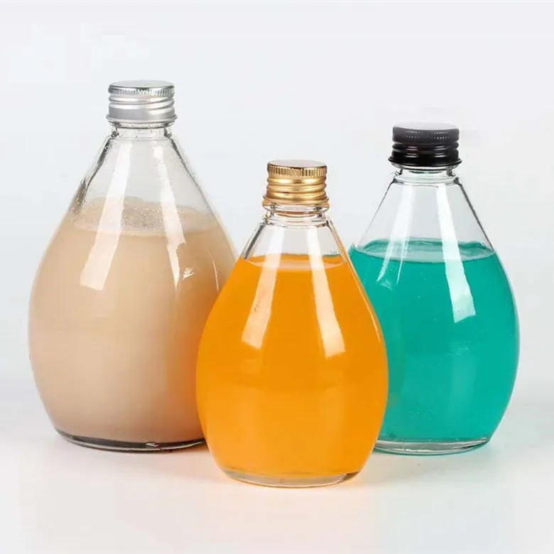 High quality 350ml water drop shape glass bottle for fruit wine/milk tea/coffee/juice with screw cap