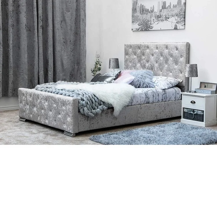 Diamond Upholstered Fabric Bed Frame Velvet Chenille Double Mink, Silver and Charcoal (Silver)