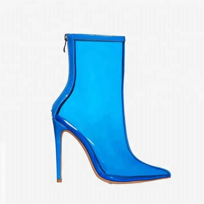 On sale bottom price transparent PVC classy sexy Ladies Fashion shoes pointed toe stiletto high heel ankle boots