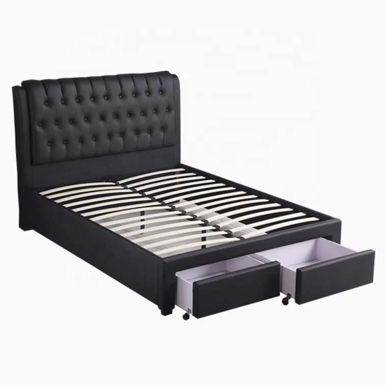 Mesmerizing Wooden Queen Bed with Tufted PU Headboard 2 Drawers