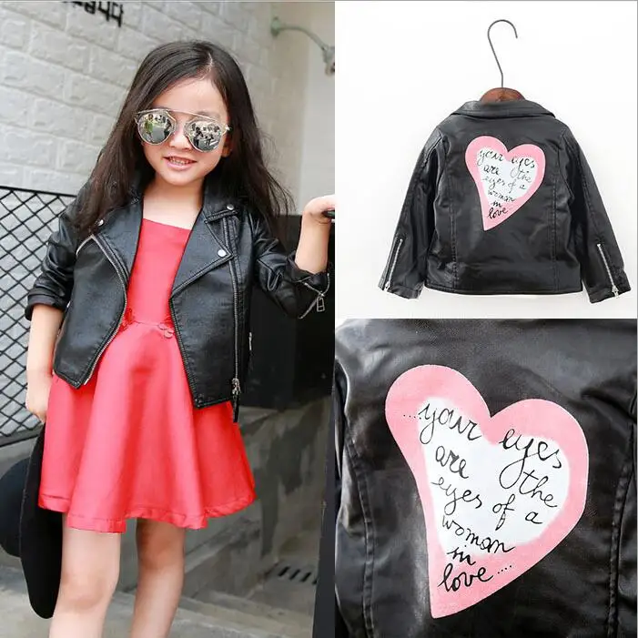 Hao Baby 2022 New Style Fur Coats Kid Black Leather Jacket Children Short Lapel Love Printed Jacket