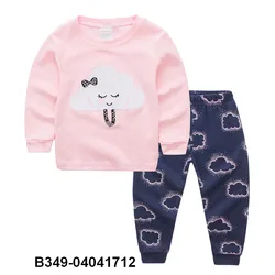 children wear 2pcs set Lovely pink tops and dark blue pants print cloud pattern Baby soft fabric sleepwear