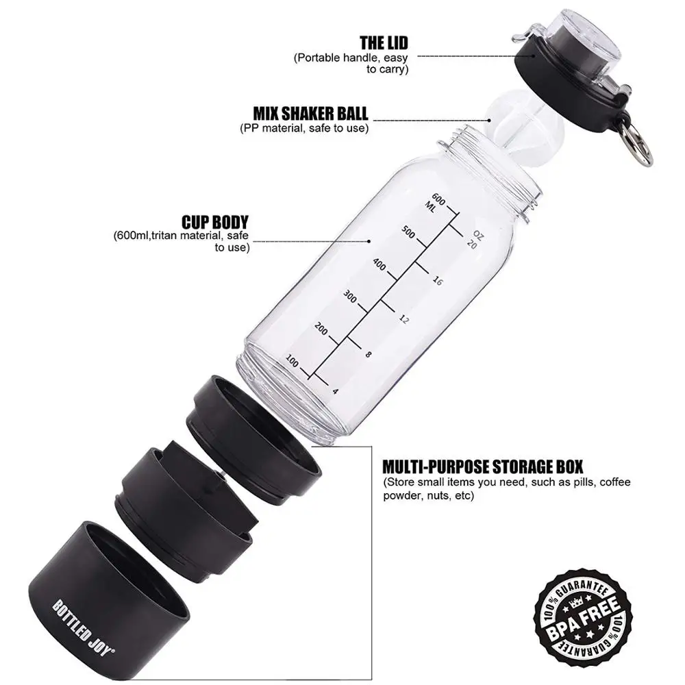 
BPA free tritan water shaker bottle with storage for energy powder protein nutrition shaker bottle for gym come with compartment 