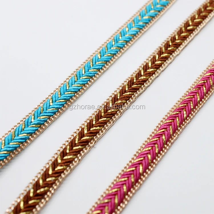 tr004 Cheap hotfix metal chain lace banding braided ribbon trimming for shoe decoration