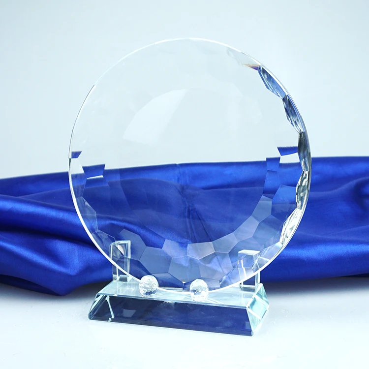Round crystal trophy in plate shape for Sandblasting
