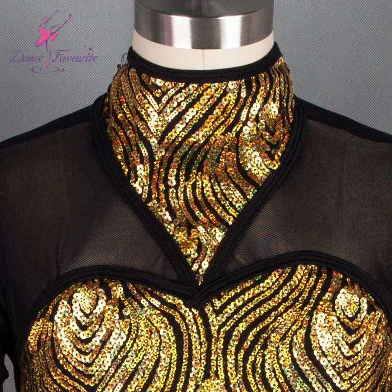Long Sleeve Transparent Black Mesh Jazz & Tap & Hip Hop Dance Costumes with Gold Sequin Bodice 18526