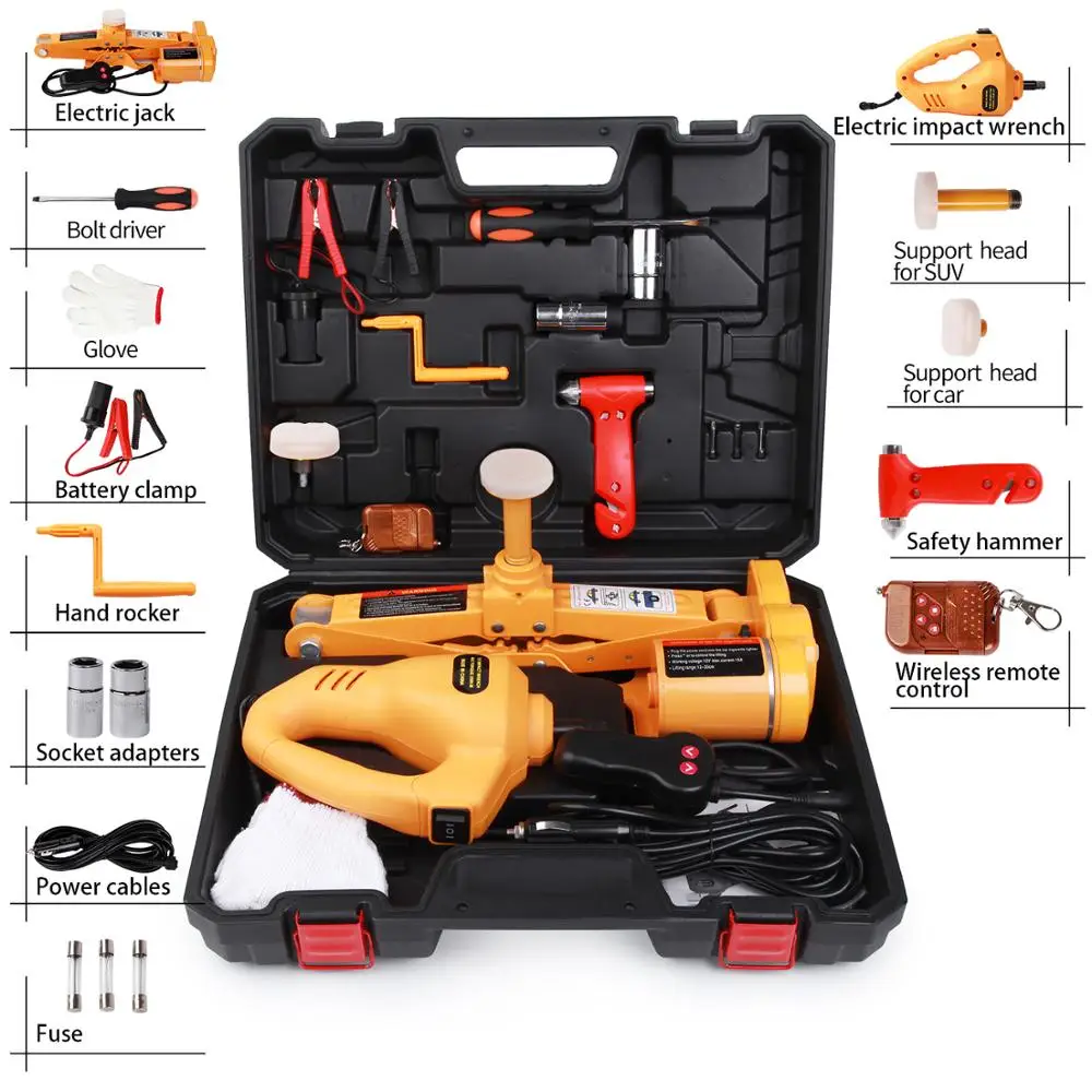 High Lift CE ISO Manufacturer Portable Mini 3T Electric Scissor Floor Car Jack and DC12V Impact Wrench for Emergency Repair