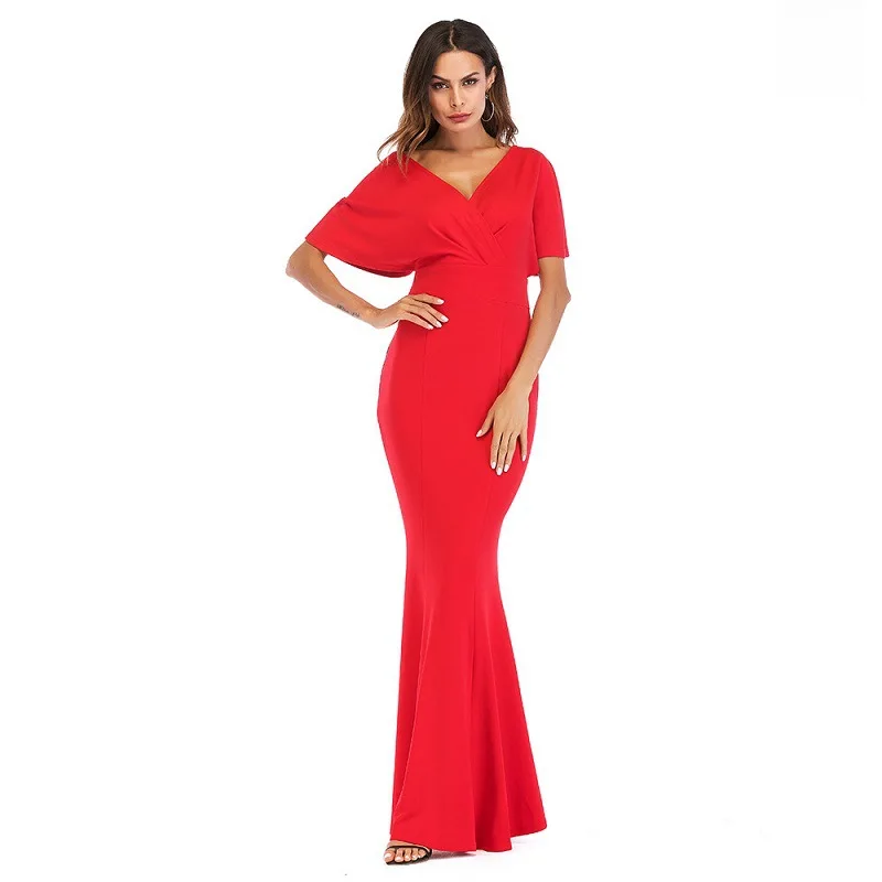 2018 Hot sale solid simple but elegant short sleeve women Maxi long evening dresses