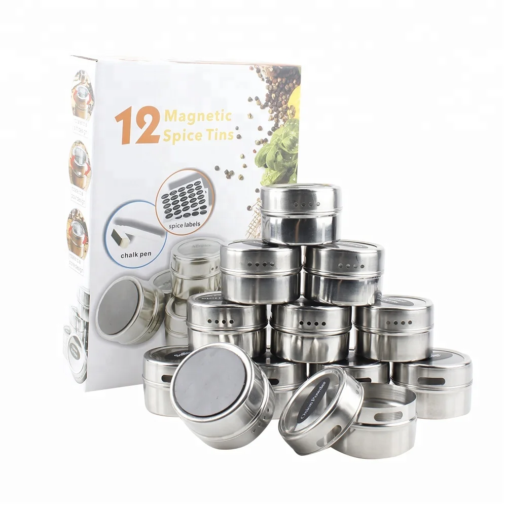 Spice Magnetic Tins Stainless Steel Sift Hinged Lids Spice Jars Seasonings Shaker , Pour Slots