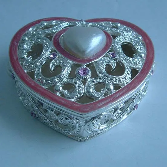 Heart Shape Silver Plated Pink Pearls Jeweled Metal Zinc Alloy Jewelry Box For Trinket Storage For Mother Girlfriend Gifts